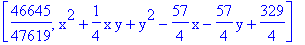 [46645/47619, x^2+1/4*x*y+y^2-57/4*x-57/4*y+329/4]